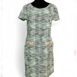 Connected Apparel Green and Tan Textured Midi Dress 8, Short Sleeve